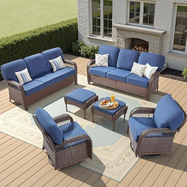 6 Pieces Outdoor Patio Furniture Set, All Weather Wicker Swivel Rocker Patio Chairs High Back Sofa with Ottomans - Photo 1