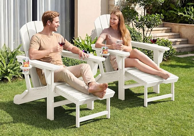 KINGYES Folding Adjustable Adirondack Chair with Ottoman & 2 Cup Holders, HDPE Adirondack Recliner Chair with Footrest, White