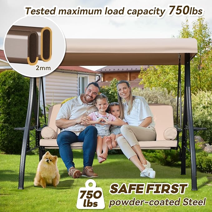 3 in 1 Outdoor Porch Swing with Adjustable Canopy, 3 Seat Outdoor Swing for Adults - Photo 2