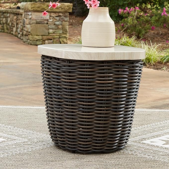 Signature Design by Ashley Kimora Cottage Faux Marble Pattern Tabletop Outdoor End Table with Pedestal Base, Dark Brown & Beige