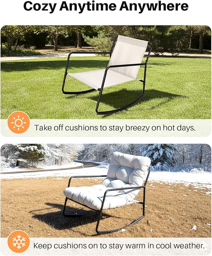 3 Pieces Outdoor Conversation Set, Metal Patio Bistro Set with 2 Outdoor Rocking Chairs and Side Table, Patio Furniture Set with Cushions for Apartment, Porch, Balcony, Poolside, Off-White