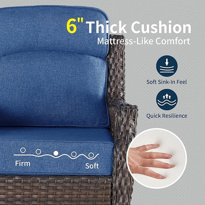 Outdoor Wicker Swivel Rocker Chair with 6-Inch Thick Cushions, High Back Patio Glider Chair, 360° Swivel & Rocking Motion for Porch, Deck, Balcony, Poolside, Brown/Blue