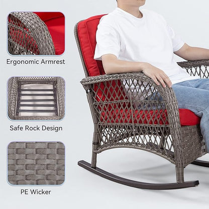 Patio Rocking Chair - Outdoor Rocker Chair with Safe Rocking Design, Metal Frame All Weather Wicker and Premium Fabric Cushions (Mixed Brown/Red)