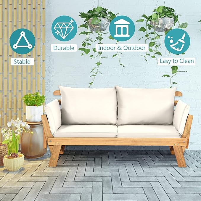 DORTALA Patio Convertible Couch Sofa Bed, Acacia Wood Daybed w/Adjustable Armrest, Collapsible Chaise Lounge w/Cushions & Pillows, Outdoor Loveseat for Poolside, Courtyard (White)