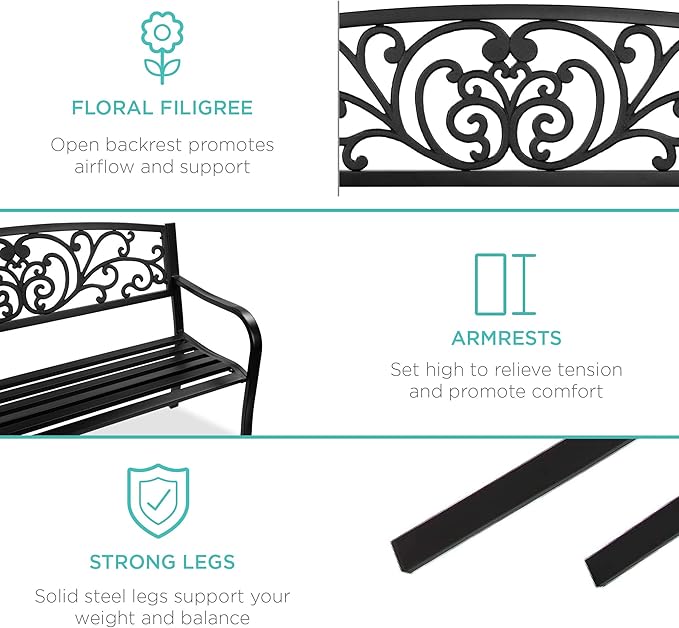 Best Choice Products Outdoor Bench Steel Garden Patio Porch Furniture for Lawn, Park, Deck w/Floral Design Backrest - Photo 6