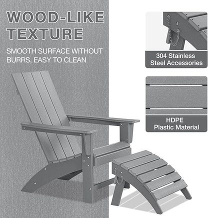Adirondack Chair with Ottoman Weather Resistant Fire Pit Chairs with Footrest HDPE Outdoor Adirondack Chair for Patio Front Porch Pool Garden Deck Fire Pit Outside, Light Grey
