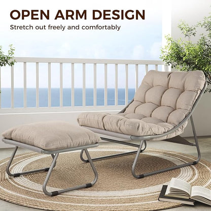 Grand patio Outdoor Lounge Chair with Foot Stool, Comfy Sling Recliner Chair with Puffy Cushion and Foot Rest, Modern Patio Furniture Set for Porch Deck Garden, Champagne Gray