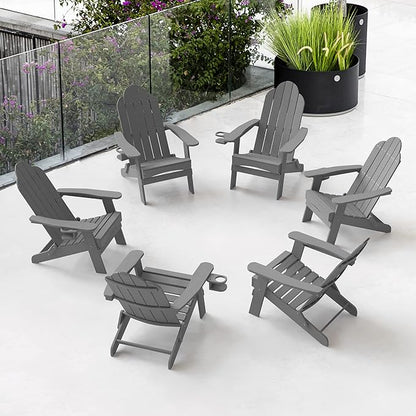 LUE BONA Folding Adirondack Chair Set of 6, Dark Gray HDPS Fire Pit Patio Chairs Weather Resistant, Modern Plastic Outdoor Chairs with Cup Holder