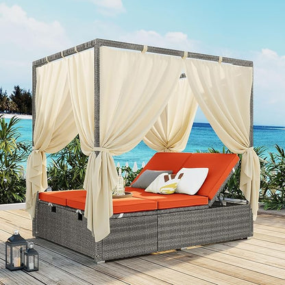 Patio Chaise Lounge, Gray PE Rattan Outdoor Patio Wicker Sunbed Daybed with Adjustable Seats, Four-sided Canopy, Overhead Curtain and Orange Cushion for Backyard, Garden, Poolside (for 2-6 people)