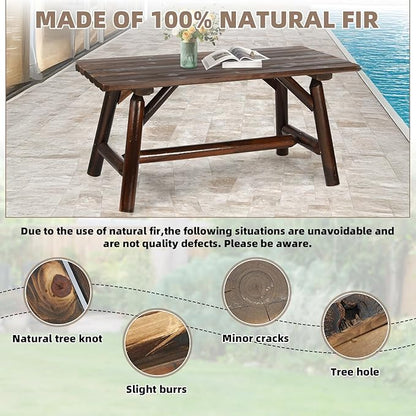Outdoor Coffee Table, Thick Wooden Patio Adirondack Log Coffee Table with Slatted Tabletop, Wood Rustic Rectangle Center Table for Deck, Garden, Balcony, Indoor or Outdoor Use, Carbonized