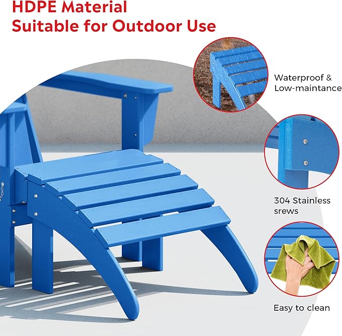 Costaelm Adirondack Chair Footrest Foldable Ottoman, Folding Ottoman Outdoor Foot Rest for Patio Waterproof, Adirondack Ottoman Outdoor, Pacific Blue