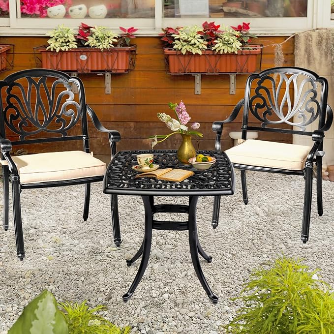 Outvita Patio Side Table, 21.3in Outdoor Square Cast Aluminum Bistro Table with Umbrella Hole and Antique Design for Backyard Porch Pool Balcony Deck Black