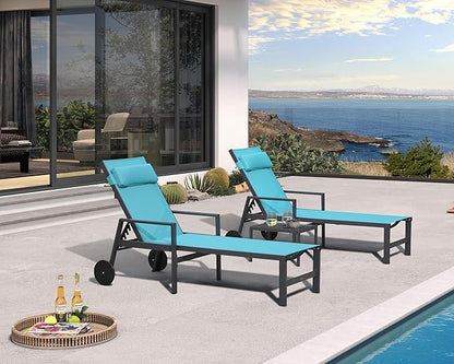 PURPLE LEAF Patio Lounge Chair Set Outdoor Chaise Lounger Aluminum Frame with Armrest 2 Side Table and Wheels for Pool Outside Sunbathing Tanning Recliner Including Pillows Turquoise Blue