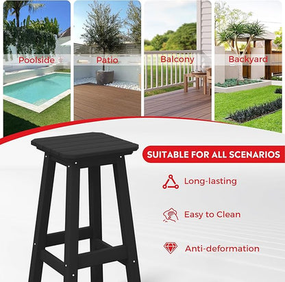 Costaelm 29" Height Outdoor Bar Stools, All-Weather Bar Stools, Adirondack Poly Patio Square Bar Stool for Patio, Deck, Kitchen Counter and Garden, Black