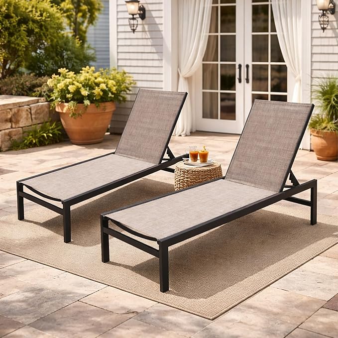 Kozyard 2-Pack Outdoor Chaise Lounge, Aluminum Frame and Textilene Fabric, Adjustable Reclining Patio Lounger for Poolside, Sunbathing & Backyard (Beige)