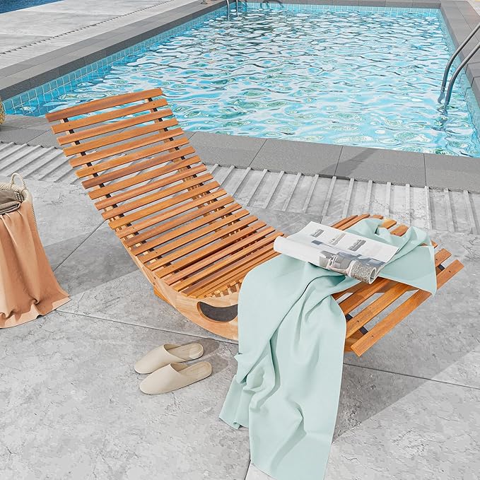 RELAX4LIFE Rocking Chaise Lounge Chair - Acacia Wood Sun Lounger w/Slatted Seat & Bottom Stopper - Photo 2