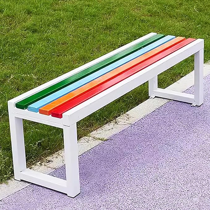 Outdoor Garden Benches,Outside Patio Bench Park Bench with Slatted Seat,2-3 Person Seat Outdoor Backless Benches, Metal Frame,880 lbs Capacity(59 inch, White Colorful)