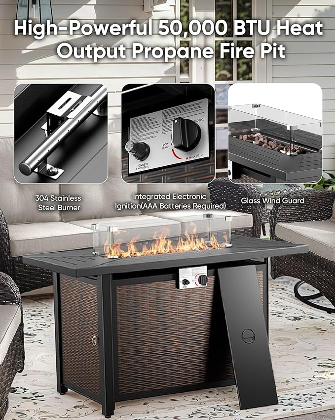 7 Pieces Outdoor Furniture with Fire Pit Deep Seating Outdoor Glider Loveseat with Patio Swivel Chairs Outdoor Furniture Set for Deck Porch Garden Balcony Poolside-Brown/Beige