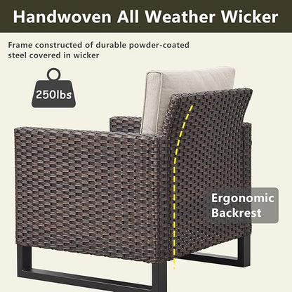 Rilyson Wicker Outdoor Patio Furniture Set - 5 Piece Patio Conversation Set with 2 Wicker Armrest Chairs,2 Rattan Ottoman and 1 Metal Side Table for Outside Porch Deck Backyard Garden(Brown/Beige)