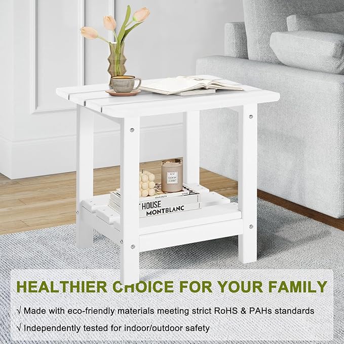 Adirondack Outdoor Side Table, 2-Tier Small Patio End Table, Weather Resistant HDPE Outdoor End Tables for Garden, Lawn, Pool, Beach, Porch, Deck, Backyard - Square, White