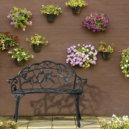 Outvita Patio Garden Bench, 38" Cast Aluminum Outdoor Chair Anti-Rust Weather Resistant Patio Bench Rose Pattern Bench for Front Porch, Backyard, Lawn