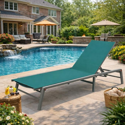 Kozyard Outdoor Foldable Lounge Chair, Aluminum Frame Patio Lounger with 5-Position Adjustable Backrest, Breathable Textilene Fabric, Assemble-Free, Reclining Full-Flat Poolside(MintGreen, No Table)