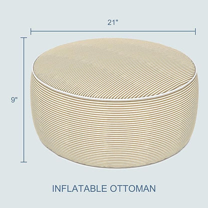 LVTXIII Outdoor Inflatable Ottoman, 21"x21"x9" Patio Fade-Resistant Footrest Stool with Handle, Portable Round Ottoman Pouf for Patio Garden, Camping or Home Use, Stripe Beige