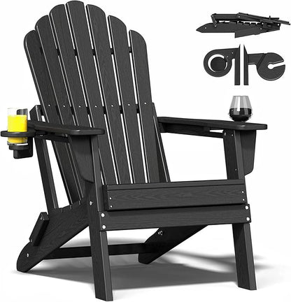 Oversized Adirondack Chair with Dual Cup Holders, Ergonomic High Back HDPE Fire Pit Chair, 380lbs Capacity All-Weather Outdoor Patio Lounge Chair for Garden, Deck, Yard - Black
