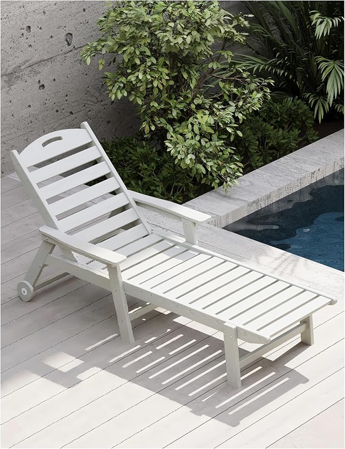 Patio Chaise Lounge Chair, HDPE Outdoor Lounge Chairs with 5-Position Adjustable Backrest, Cup Holder and Wheels - Photo 1