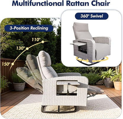 Outdoor Recliner Chair Set of 2, Wicker Patio Recliners with Adjustable Backrest and Extended Foot Rest, Reclining Patio Chairs with Flip Table & Removable Cushion Cover for Porch