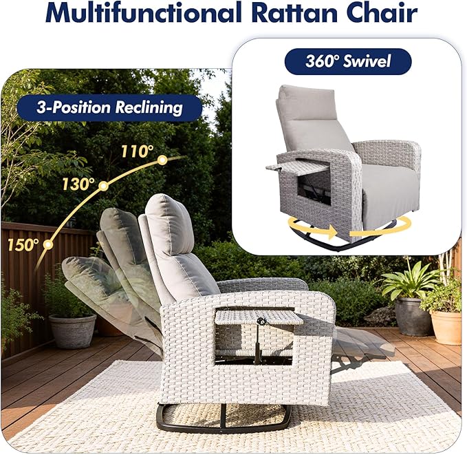 Outdoor Recliner Chair, Wicker Patio Recliners with Adjustable Backrest and Extended Foot Rest - Photo 3