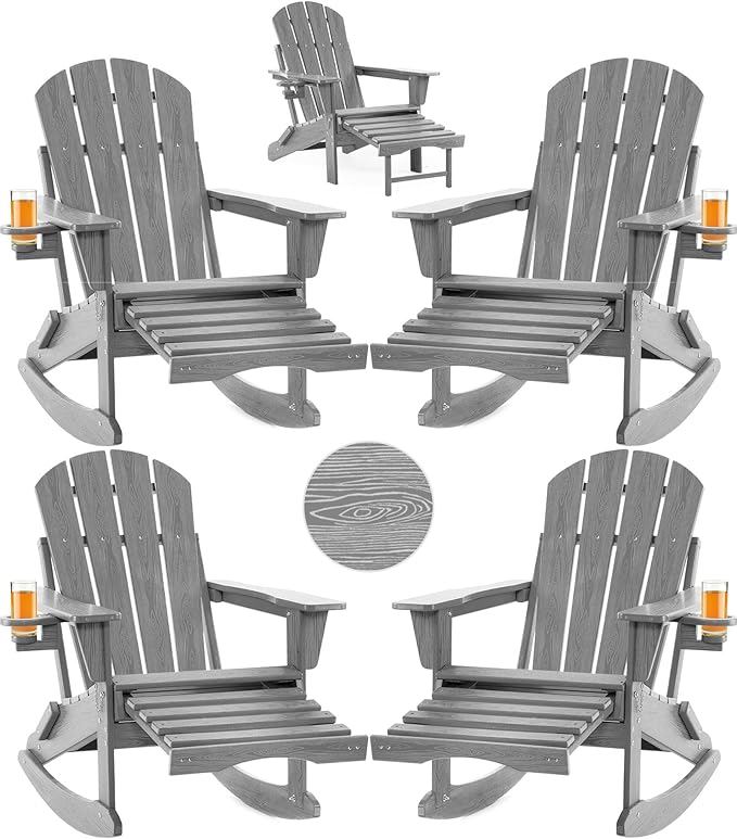Folding Adirondack Rocking Chair Set of 4,4-in-1 Multifunctional Patio Chairs with Retractable Ottoman, Outdoor Chairs Wood Texture, Lawn Chair for Porch, Backyard, Pool(Grey)