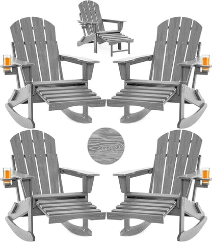 Folding Adirondack Rocking Chair Set of 4,4-in-1 Multifunctional Patio Chairs with Retractable Ottoman, Outdoor Chairs Wood Texture, Lawn Chair for Porch, Backyard, Pool(Grey)