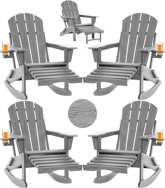 Folding Adirondack Rocking Chair Set of 4,4-in-1 Multifunctional Patio Chairs with Retractable Ottoman, Outdoor Chairs Wood Texture, Lawn Chair for Porch, Backyard, Pool(Grey)