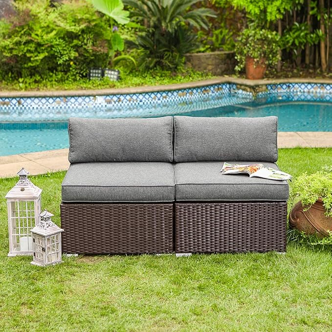 COSIEST 2-Piece Outdoor Furniture Add-on Armless Chairs for Expanding Chocolate Brown Wicker Sectional Sofa Set w Dark - Photo 3