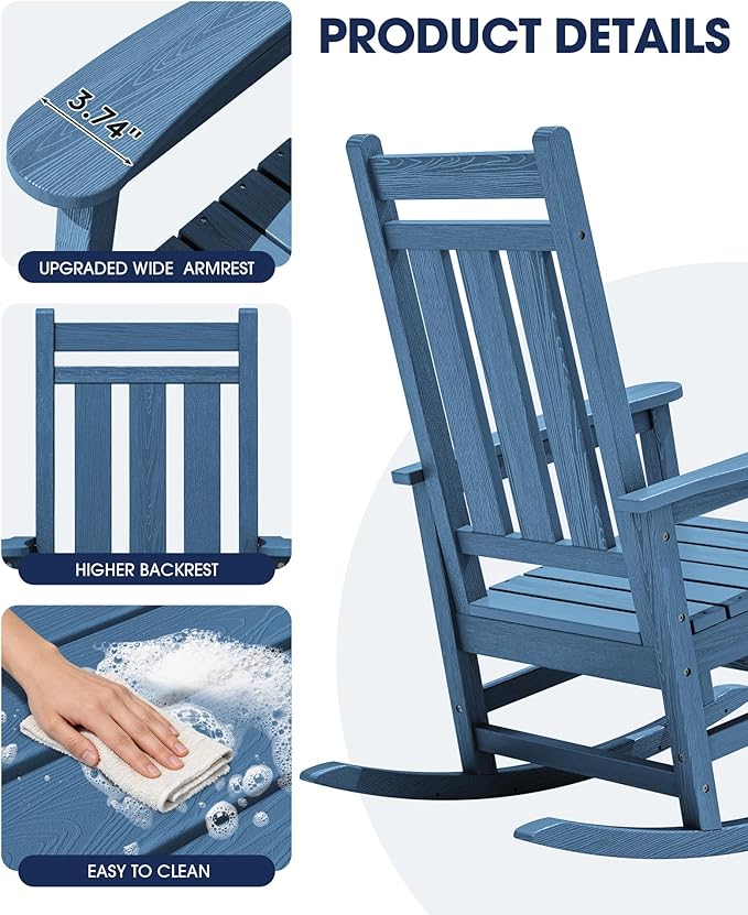 KINGYES Oversized Outdoor Rocking Chair Set of 8, All-Weather Patio Rocking Chairs for Porch, HDPE Outdoor Patio Rockers with High Back & Wide Seat for Garden, Lawn, Blue