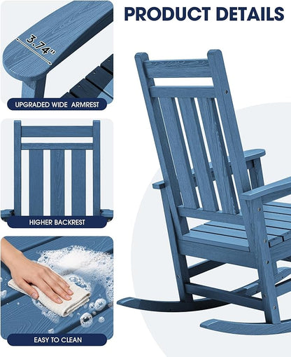 KINGYES Oversized Outdoor Rocking Chair Set of 8, All-Weather Patio Rocking Chairs for Porch, HDPE Outdoor Patio Rockers with High Back & Wide Seat for Garden, Lawn, Blue