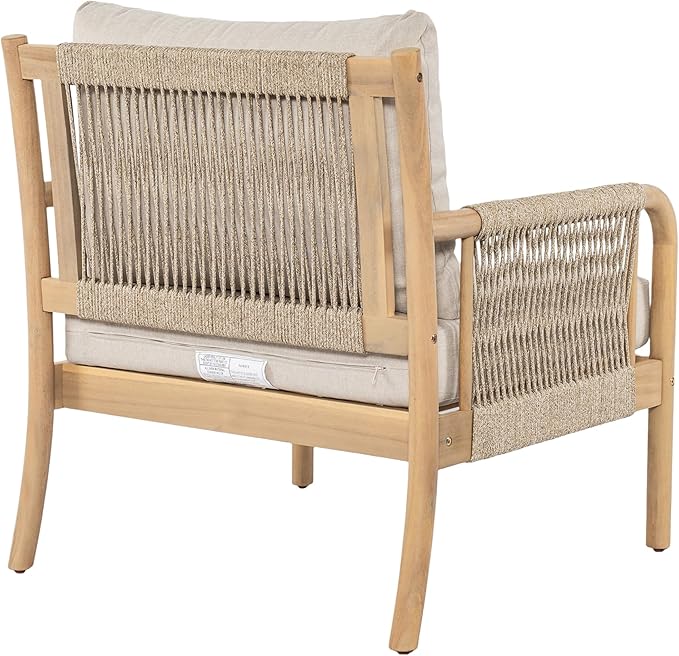 Christopher Knight Home Casper Acacia Wood Lounge Chair Outdoor with Removable Cushion, Wooden Patio Accent Chair with Woven Rope Details, Outdoor Armchair for Patio Furniture Set, Light Teak+Beige