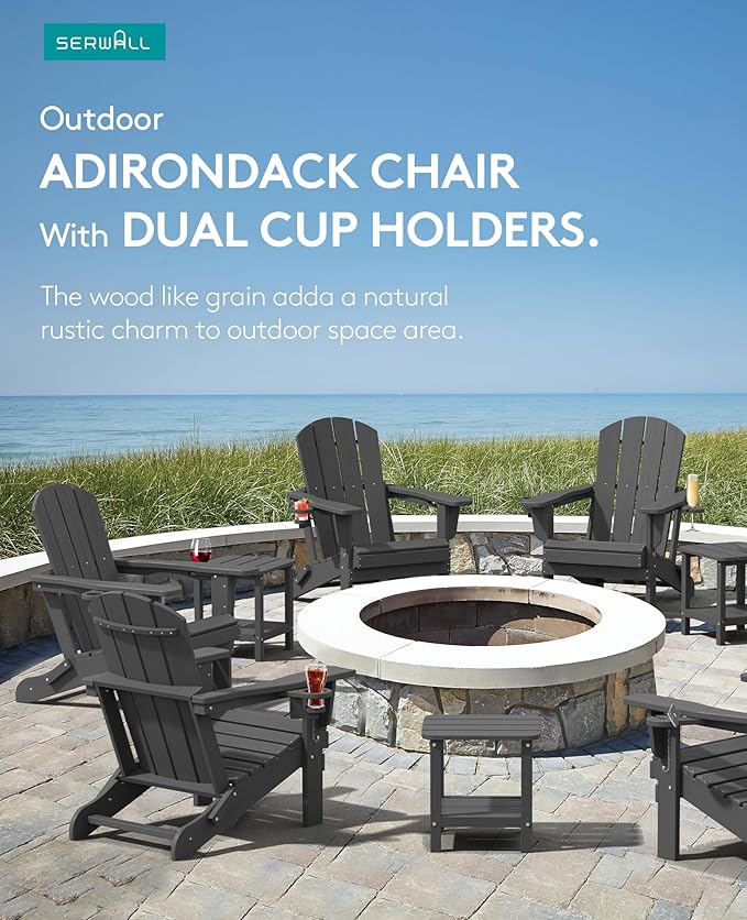 SERWALL Foldable Adirondack Chair Set of 8, Oversized HDPE Adirondack Chair with Wood-Texture-Gray - Photo 6