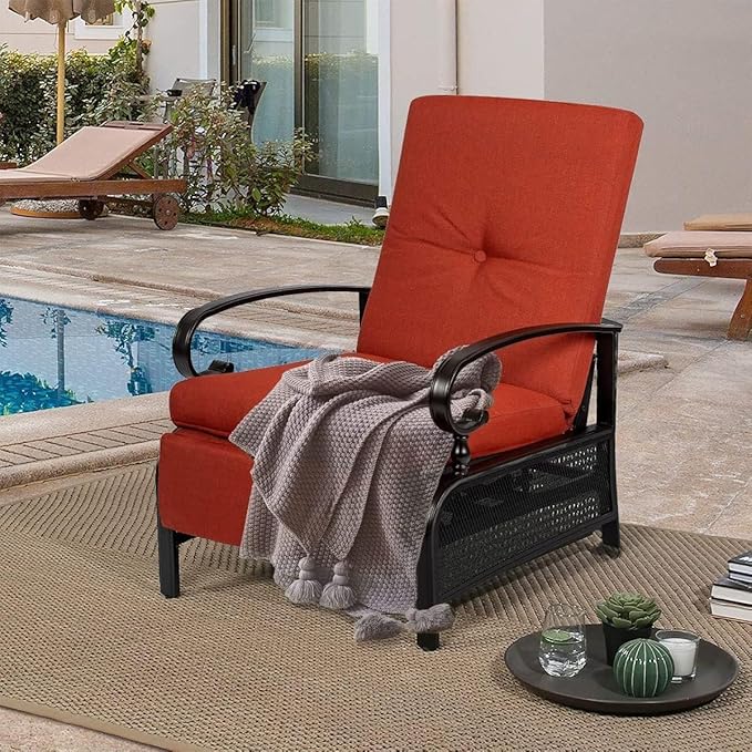 SUNCROWN Outdoor Recliner Chair Patio Adjustable Relaxing Chairs Outdoor Metal Furniture Chair with Thick Cushion, Red - Photo 2