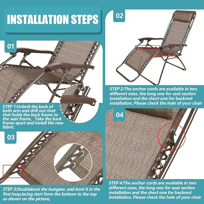 Queekay Chair Replacement Fabric with 4 Bungee Cord Lounge Chair Cloth Mesh Repair Kit for Patio Recliner Outdoor Lawn Pool (63 x 17 Inch,Beige)
