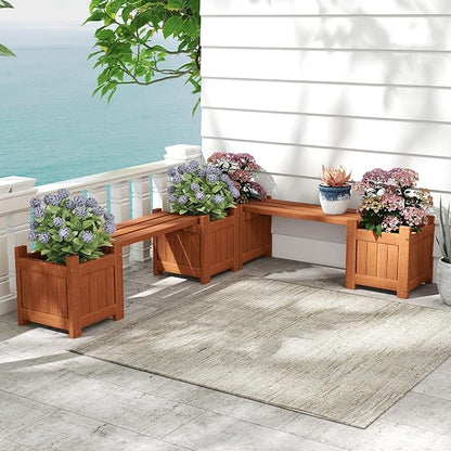 Giantex 2-in-1 Outdoor Bench with 2 Raised Garden Beds, Wood with Teak Oil Finish, Planter Boxes with Open-Ended Base, Garden Bench Seat for Porch Balcony Lawn Yard, DIY Assembly, 42"x11"x11.5"