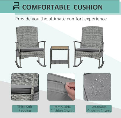 Outsunny 3 Piece Patio Rocking Chair Set, 2 PE Wicker Rocking Chairs, Cushioned, 1 Two-Tier Wood Slat Coffee Table, Rattan Front Porch Furniture, Gray