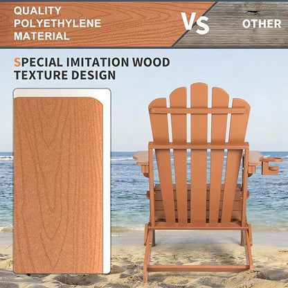 FUNBERRY Folding Adirondack Chair, All Weather HDPE Wood Texture Fire Pit Chairs with Cup Holder for Outdoor