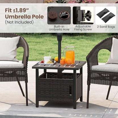 Tangkula Outdoor Table with Hole, Patio Umbrella Table with 2 Sand Bags, 1.93" Umbrella Hole, Metal Frame, PE Wicker, Outdoor Side Table for Garden, Deck and Poolside