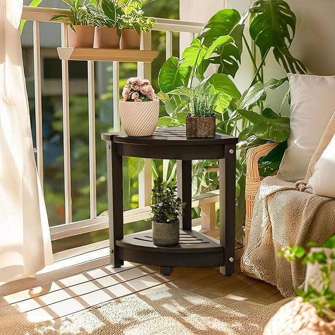 VINGLI Outdoor Side Table, HDPE Space-Saving Patio Side Table Corner Table Shower Bench, Waterproof 2-Tier Patio End Tables for Balcony Garden Deck (Black)