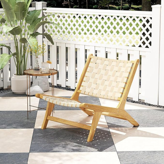 Tangkula Teak Wood Patio Dining Chair, Outdoor Wooden Mid-Century Accent Armless Chair w/Webbing Seat & Backrest, for Living Room, Balcony, Porch, Backyard, Lawn, Poolside, Garden, Deck