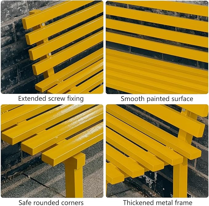 Metal Garden Bench, Park Deck Lawn Outdoor Benches Weatherproof, Porch Bench Seat with Backrest for Patio Yard Balcony Entryway, 100/120/150/180 Cm Outdoor Furniture(Yellow,150 cm/59 in)