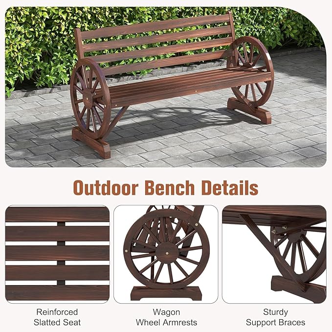MOTION Outdoor Wagon Wheel Bench - 55 Inches Wooden Garden Bench with Slatted Backrest and Carbonized Finish, 2-Person Seat Outdoor Bench for Garden Porch Yard Patio, Rustic Brown