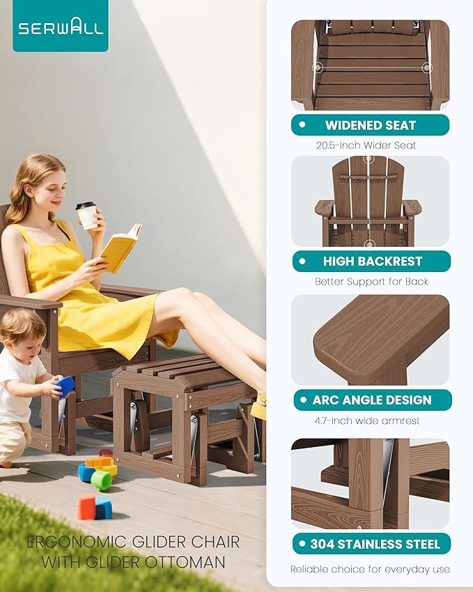 SERWALL Outdoor Glider Chair with Ottoman, HDPE Wood-Like Patio Glider Set All-Weather Porch Glider for Outside, Brown - Photo 6